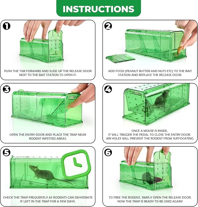 Humane Mouse Trap Pack of 2 - No Kill - Live Mouse Traps Indoor for Home Use - Reusable Rodent Traps for House Indoor, Safe & Effective Rat Trap Outdoor - Humane Mice Control with Cleaning Brush