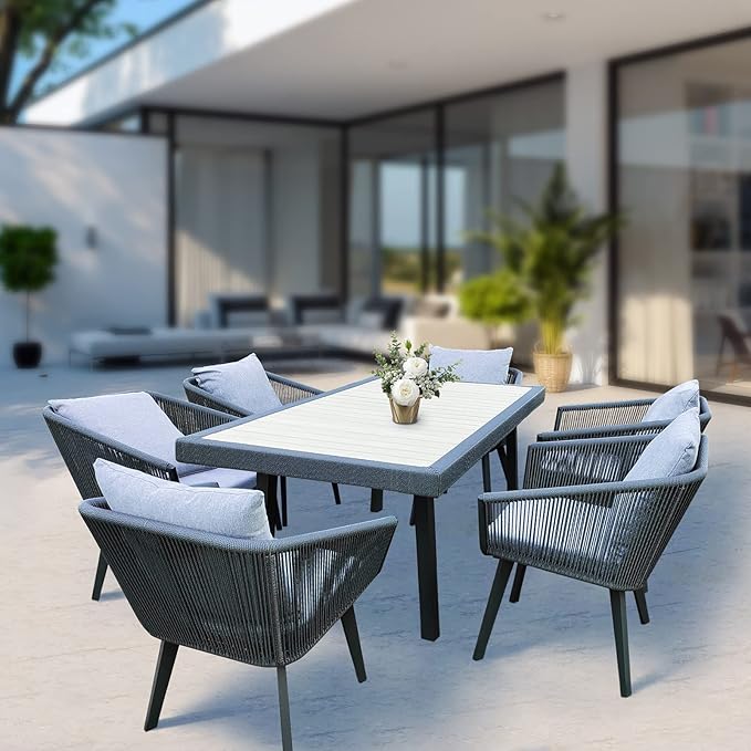 Indoor Outdoor Patio Dining Set - 7 Pieces All in One Patio Wicker Furniture Set, Table and Chairs Set with Cushions and Pillows, 6 Aluminum Frame Chairs and 1 Rectangle Table