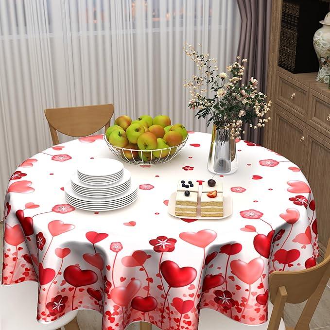 Giwawa Red Love Hearts Round Tablecloth 60 Inch Valentine's Day Decorative Table Cloth Polyester Fabric Washable Table Cover for Dining Date Wedding Anniversary