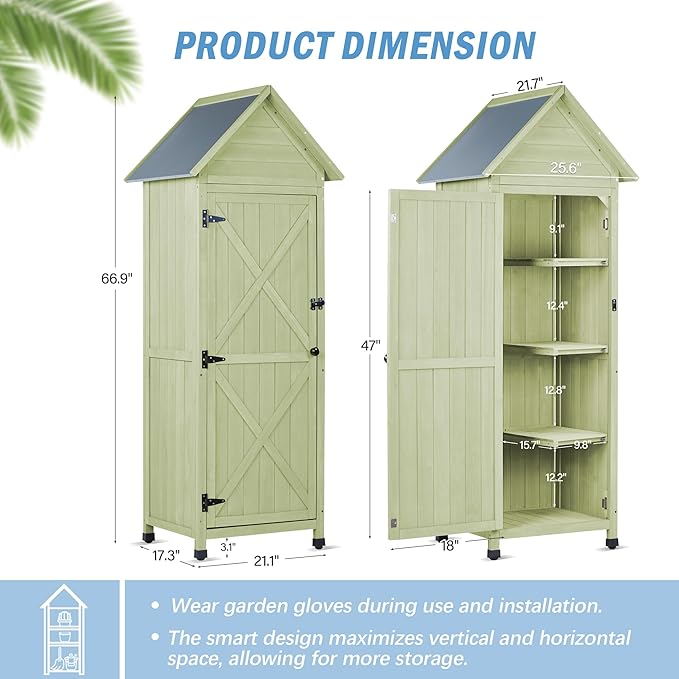 Wooden Outdoor Storage Cabinet,Tall Vertical Garden Tool Shed with Waterproof Metal Roof & Adjustable Feet – Perfect for Yard, Patio, Lawn & Deck (Green, 22" x 26" x 67")