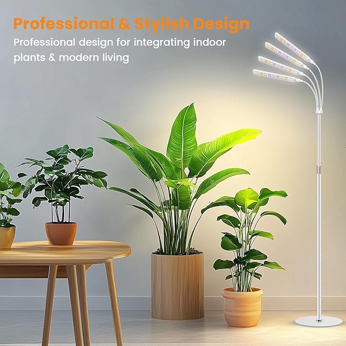 Grow Lights for Indoor Plants, 4-Head Full Specturm Plant Grow Light with 4/8/12/16H Timer, 3 Color Modes, 5 Brightness, 24-68.7in Height Adjustable Floor Growing Lamp for Tall Large Plants