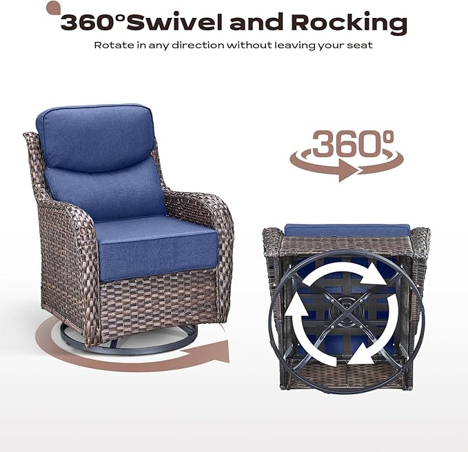 4 Piece Outdoor Patio Swivel Rocker Chairs, Waterproof Wicker, High Back, Deep Seating, Wide Armrest, Upgraded 6 inch Thick Cushions, Ideal for Deck Porch Backyard, Brown/Blue