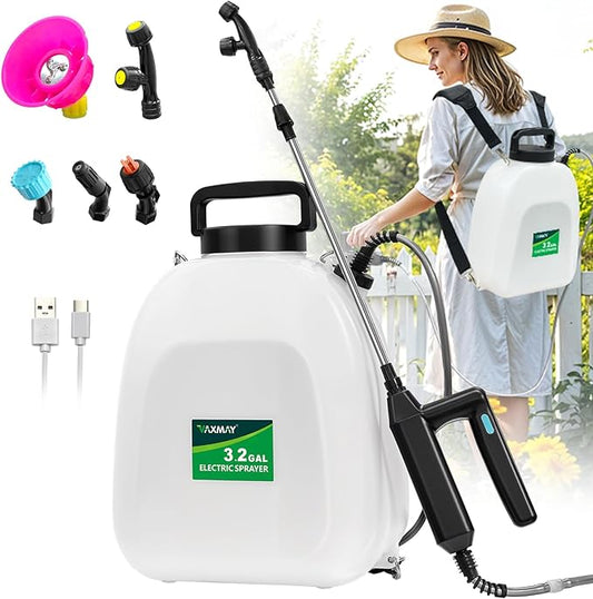 Battery Powered Sprayer 3.2 Gallon, VAXMAY Backpack Sprayer with 5 Mist Nozzles, Electric Garden Sprayer with USB Rechargeable Handle 32" Retractable Wand Portable Weed Sprayer for Lawn, Garden, Yard