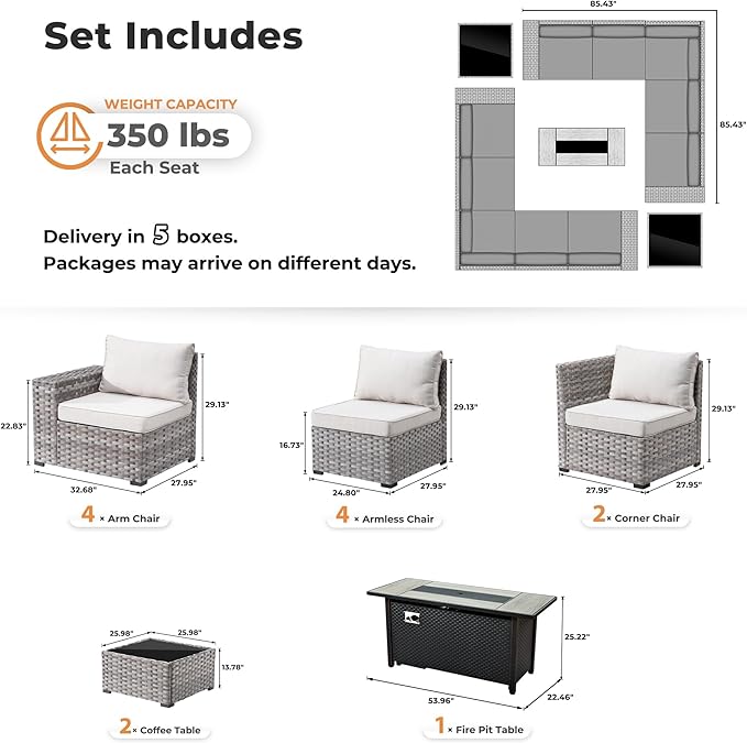 ovios 13 Pieces Patio Furniture Set, Outdoor Wicker Sectional Sofa with 54 Inch Fire Pit Table Comfy Cushions, Modern Modular Deep Seat Rattan Couch Conversation Set, Beige
