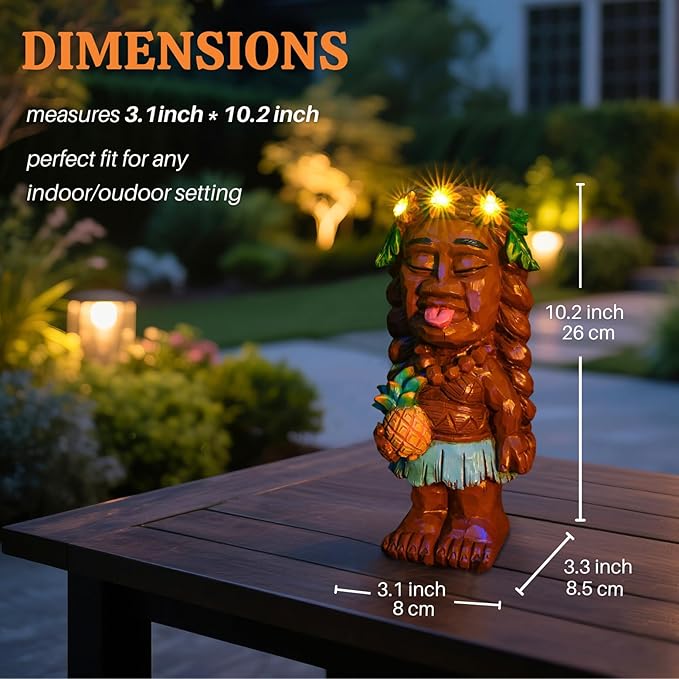 Solar Tiki Girl Garden Statue Tiki Lady Holding Pineapple Figurine with Flower LED Lights Bar Patio Porch Yard Art Outdoor Fall Decoration Halloween Birthday Christmas Gardening Gift for Mom Women