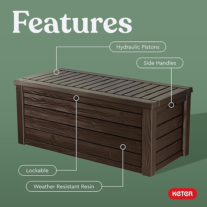 Keter 150 Gallon Resin Large Deck Box Organization and Storage Box for Patio, Outdoor Cushions, Garden Tools, Brown