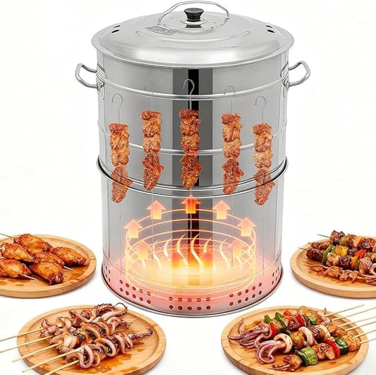 Large Portable Smokeless Charcoal Grill - 360° Stainless Steel BBQ Barrel with 50 Skewers, Ideal for Camping, Picnics & Backyard Cooking