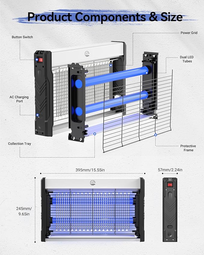 Electric Bug Zapper, 3000V High-Voltage Indoor Fly Killer, Powerful Electric Mosquito Zapper for Fly, Mosquito, Fruit, Moth, Gnat, Trap with Removable Washable Tray for Home Patio Backyard