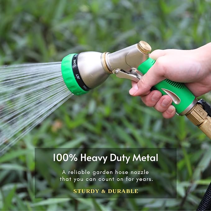 HOSUN Garden Hose Nozzle Sprayer Heavy Duty, 100% Metal Water Hose Nozzle with 8 Spray Patterns, High Pressure Hose Spray Nozzle with Non-Slip Grip for Watering Plant & Lawn, Washing Car & Pet, Green