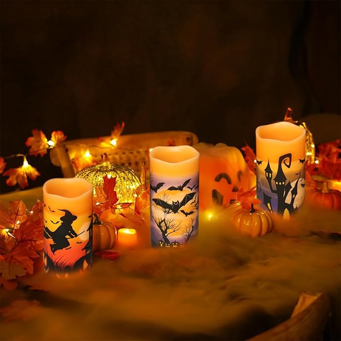DRomance Halloween Flameless Candles with Magic Wand Remote and Timer, Battery Operated LED Flickering Pillar Candles Real Wax Castle Witch Bats Halloween Decoration Indoor(3 Pack, 3 x 6 Inches)