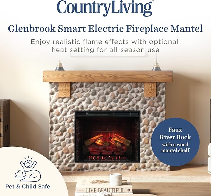 Country Living - Glenbrook Fireplace Mantel Package, 28”, Alexa/WiFi Enabled Fireplace Insert, Cast Stone River Rock Surround, 1500W