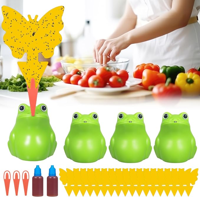 4 Pack Fruit Fly Trap with 2 Baits & 20 Sticky Pads, Reusable Drain Fly Killer for Indoor, Fungus Gnat Trap for Home Kitchen, Pest Control for Bugs Mosquitoes Gnats Flies, Safe to Kid & Pet & Plant