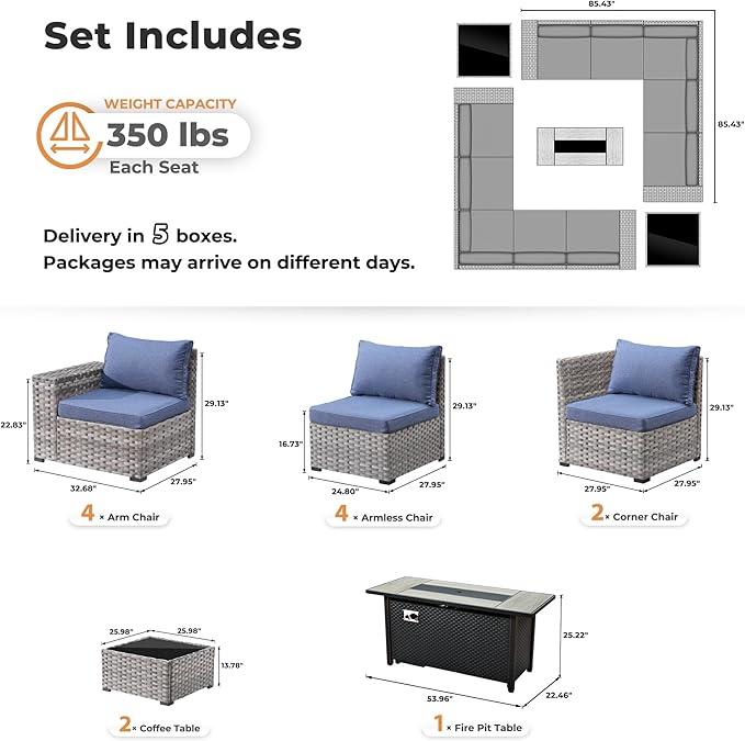 ovios 13 Pieces Patio Furniture Set, Outdoor Wicker Sectional Sofa with 54 Inch Fire Pit Table Comfy Cushions, Modern Modular Deep Seat Rattan Couch Conversation Set, Denim Blue
