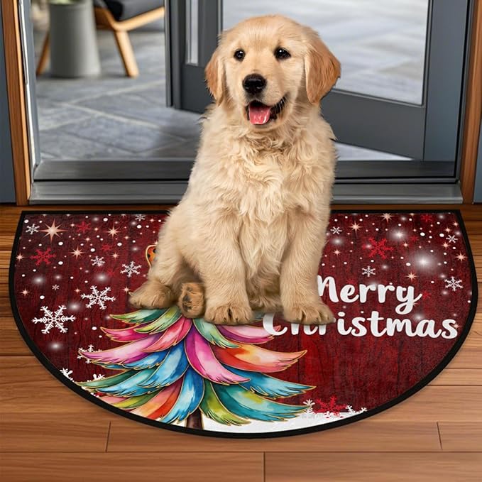 Christmas Half Round Door Mat, Merry Christmas Tree Snowflakes Semicircle Door Mats, Non Slip Area Rug Soft Doormat for Indoor Entrance Wear Resistant Welcome Mat for Garage Patio Home 24 x 36 In