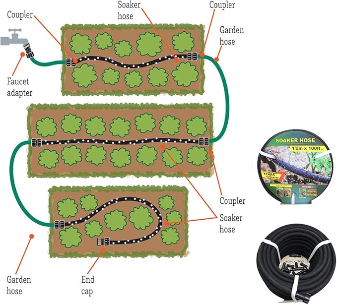 Taisia 1/2’’ Soaker Hose 100 FT Water Drip Garden Hose Drip Irrigation Hose Saves 70％Water Heavy Duty Rubber Round Soaker Hose for Garden, Lawn