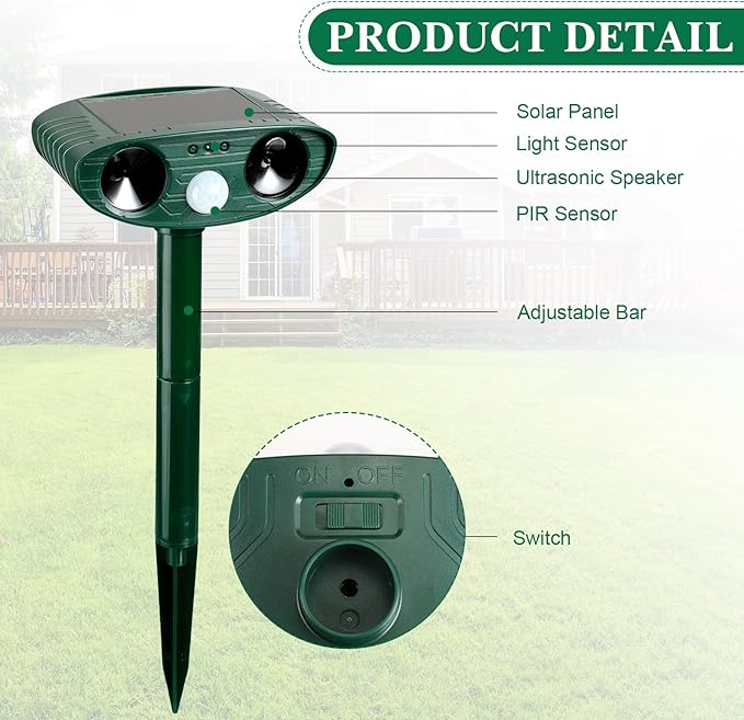 Ultrasonic Animal Repeller Outdoor Solar Ultrasonic Repellent Animal Deterrent with Motion Sensor Waterproof Deterrent Scarer Repel Cat Dog Squirrel Raccoon Skunk Rats(Green,8 Pack)