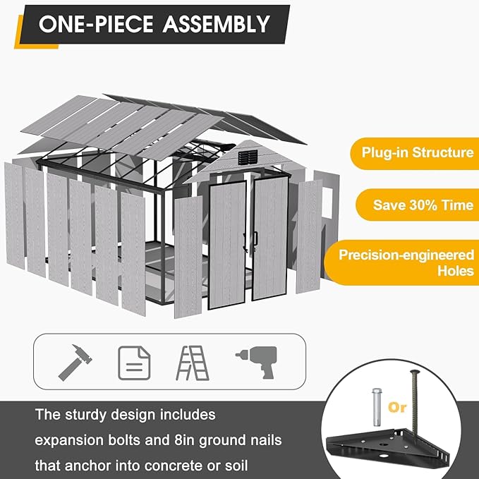 8 x 12 FT Resin Garden Storage Shed, All-Weather Plastic Outdoor Shed with Floor, Lockable Doors & Windows, Plastic Tool Shed for Poolside, Backyard, Patio