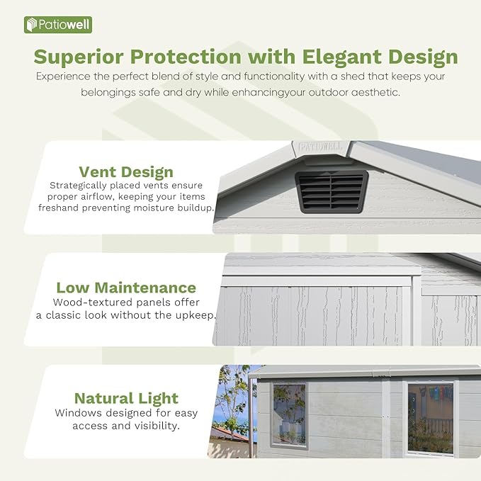 Patiowell 6 x 8 FT Outdoor Storage Shed with Floor - Resin Tool Shed with Lockable Door & 2 Windows, Easy Assembly for Garden, Backyard, Lawn Equipment, Light Gray