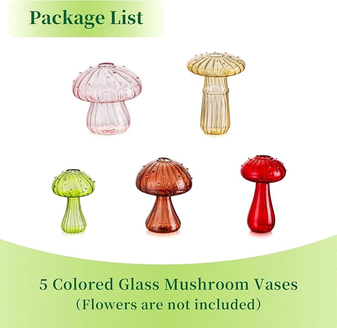 Mushroom Jars for Plants, Hewory 5pcs Colored Glass Mushroom Bud Vase for Flowers, Unique Plant Propagation Stations Propagating Vases Decor, Mini Cute Hydroponic Terrarium Planter for Indoor Planters