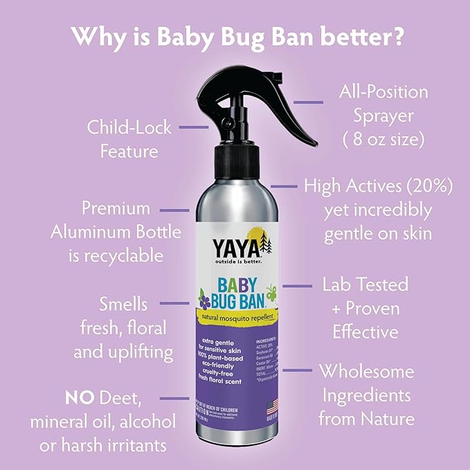 YAYA ORGANICS Baby Bug Ban – Natural, Proven Effective Mosquito Repellent for Babies, Kids and Sensitive Skin (8 Ounce Spray)