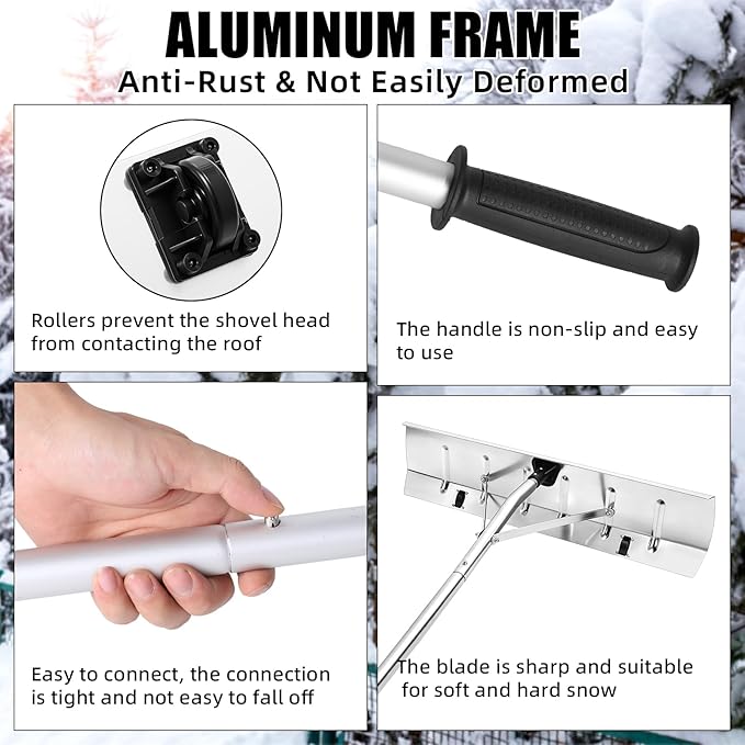 Gisafai Snow Roof Rake Snow Removal Tool with 5 Section Tubes 25 Inch Blade Adjustable 4.8-20 ft Reach Aluminum Shovel Rugged Slide for Single Cabins Car Roof (Silver)