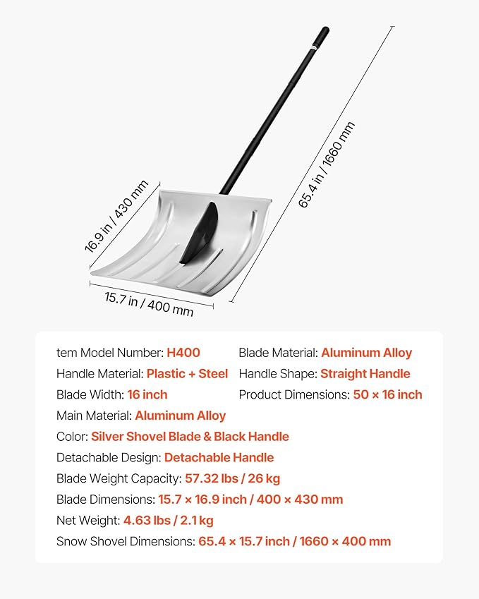 VEVOR Snow Shovel for Driveway, 16 in Wide Aluminum Alloy Snow Shovel, Non Slip Grip, Large Capacity Snowplow Shovels, Detachable & Lightweight Snows Removal Tool for Garden Car Camping Outdoors