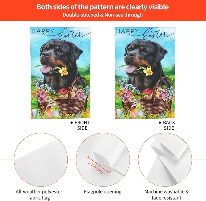 Happy Easter Rottweiler Dog Black Flower Eggs Garden Flag Welcome Party Outdoor Outside Decorations Picks Home House Garden Yard Decor 12x18 Inch