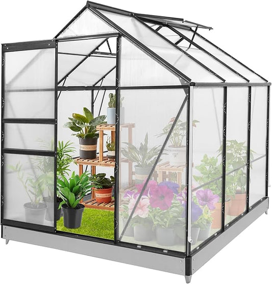 EAGLE PEAK 6x6x7 Outdoor Walk-in Hobby Greenhouse with Adjustable Roof Vent and Rain Gutter, Base and Anchor, Polycarbonate Aluminum Green House for Backyard Garden, Gray