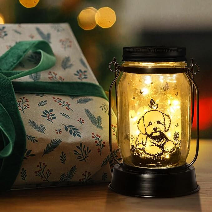 kyoryuger Bichon Dog Gifts for Women/Men Bichon Frise Solar Lanterns Birthday Dog Lovers Lantern Pet Loss Dog Memorial Lights Solar Garden Decoration for Yard, Patio,Backyard,Porch Torches Light