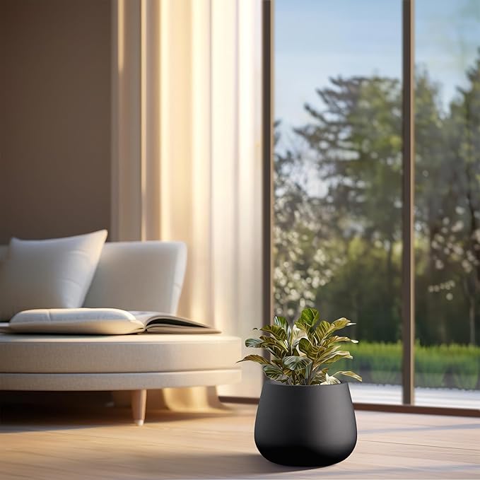 Kante Curva Series Planter, 10.2 Inch Round Concrete Flower Pot with Draiange Hole and Rubber Plug, Suitable for Indoor Plants, Home, Garden, Patio, Black