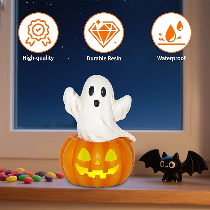 Ghost in Pumpkin Halloween Decoration: 5.5'' Solar Indoor Ornament for Home Fireplace Office Party Perfect Collectible Figurines Gift for Gothic Style Lovers
