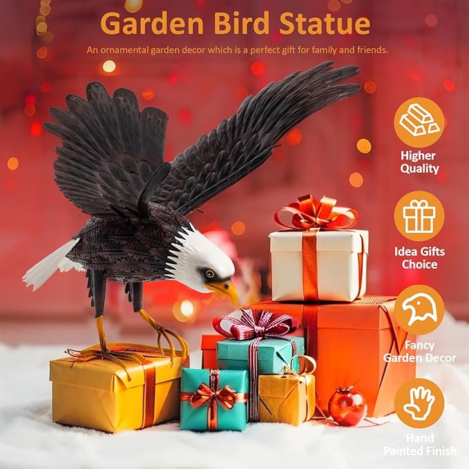 Kircust Metal Bald Eagle Large Outdoor Statues Garden Decor Sculptures Statues Outdoor Majestic America Eagle Bird Decor for Patio Yard and Lawn, 17-Inch Wide, Man Gift