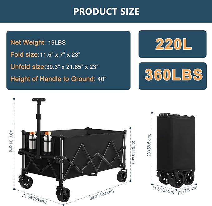 Favoyard Extra Large Collapsible Wagon Carts Foldable 220L & 360LBS Portable Folding Wagons with All-Terrain Wheels & Brakes Heavy Duty Outdoor Utility Carts for Grocery Camping Shopping Sports Garden