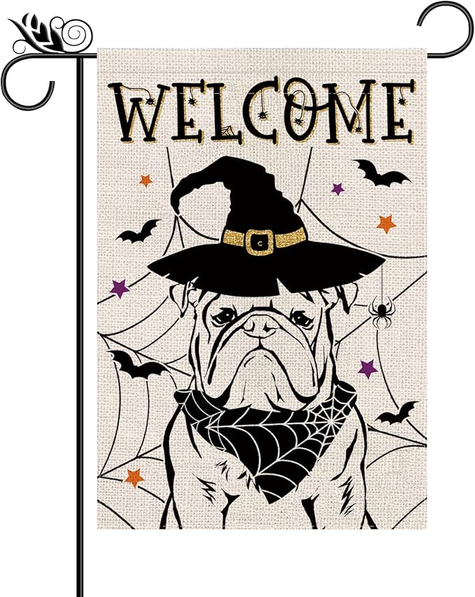Halloween Garden Flag English Bulldog Cobweb Bats Double Sided Vertical Welcome Flag Holiday Outdoor Yard Lawn Decorations 12.5 x 18 Inch
