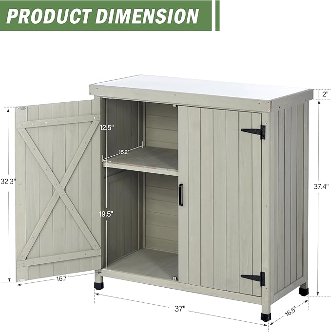 Outdoor Potting Bench with Storage, Small Outdoor Cabinet & Deck Storage Cabinet with Metal Tabletop & Large Garden Storage