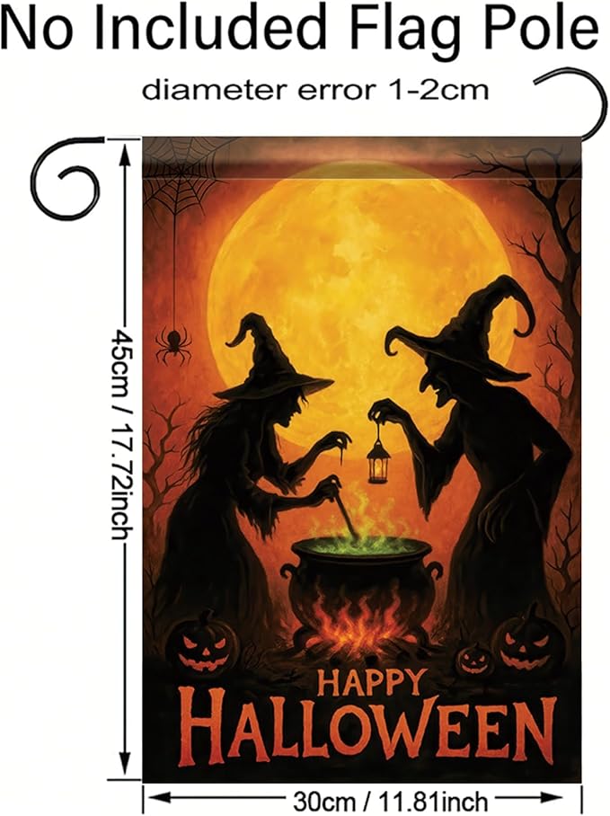 Happy Halloween Garden Flag Witches Cauldron Full Moon Flag 12x18 Inch Double Sided Outdoor Yard Banner for Trick or Treat Haunted House Halloween Decoration Decor