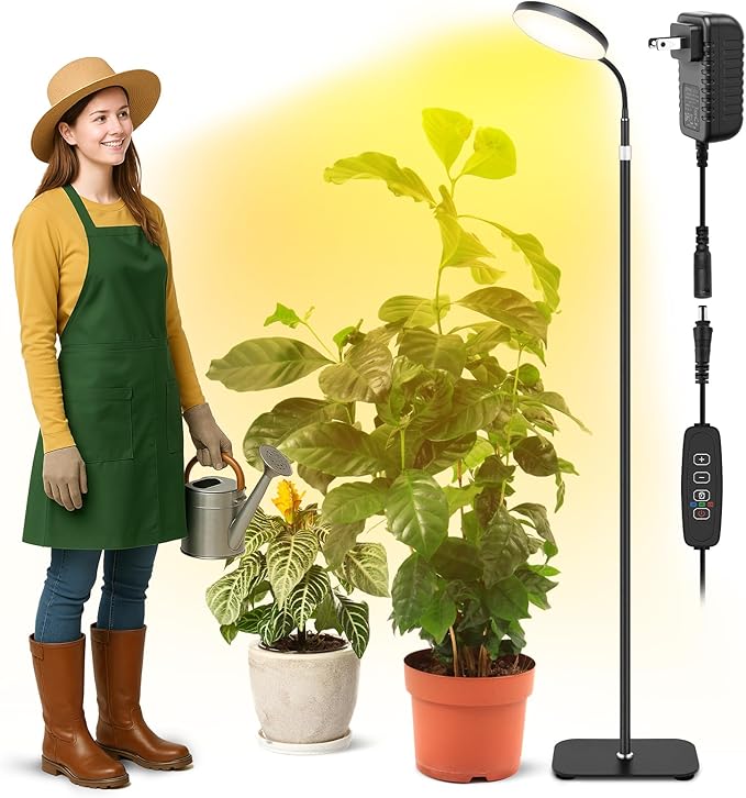 Grow Light for Indoor Plant, 20W Full Spectrum Round Growing Warm Lights,10 Dimmable Brightness,LED Floor Growing Lamp,Height Adjustable,Flexible Gooseneck,Automatic Timer for Large Tall Plants