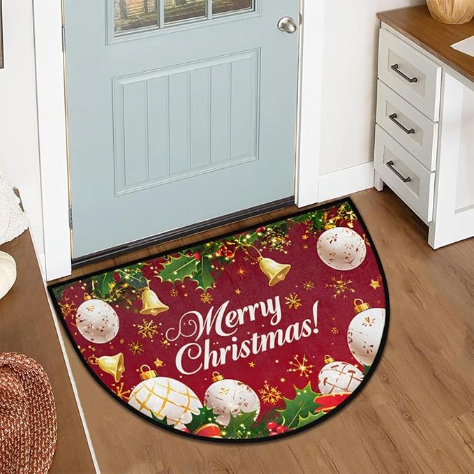 Christmas Half Round Door Mat, Christmas Bells Snowflakes Balls Semicircle Door Mats, Non Slip Area Rug Soft Doormat for Indoor Entrance Wear Resistant Welcome Mat for Garage Patio Home 24 x 36 In
