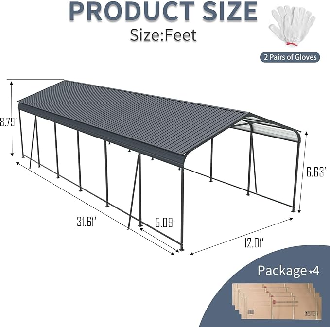 12x32 Ft Metal Carport Kit with Galvanized Steel Roof - Heavy Duty Car Shelter for Snow Load, UV & Rain Protection - Outdoor Canopy for Trucks, RVs, Boats, Storage Shed