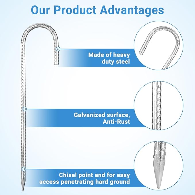 12 inch Garden Ground Stakes Galvanized Steel J Shape Hook Rebar Stakes, 12 Pack Heavy Duty Ground Anchors, Yard Stakes for Garden Rebar Stakes for Camping Tent, Anti-Rust Ground Stakes