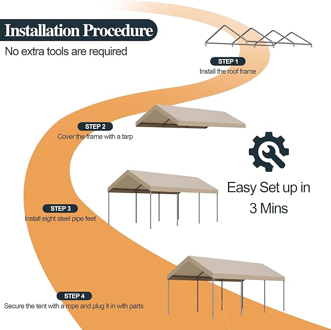 Shintenchi 10x20ft Heavy Duty Carport with UV Resistant Canopy, Powder-Coated Steel Frame, Easy to Assemble Portable Garage, Stable Carport for Car, Bike, Camp, Outdoor Storage (Khaki)