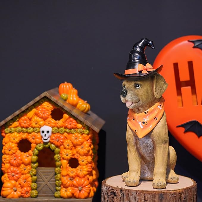 Halloween Decorations Indoor Dog Statue - Halloween Decor Figurine for Outdoor Indoor Mysterious Gothic Tabletop Puppy Sculpture Witch hat, Spooky Gifts Ghost Garden Decorations Rottweiler 5x7x13INCH