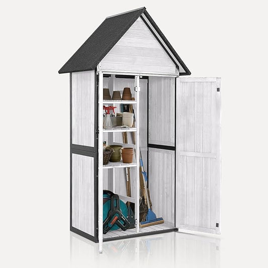 Outdoor Storage Shed with Floor and Waterproof Roof - Metal Framed Tool Cabinet with Adjustable Shelves - Double Lockable Doors for Backyard, Garden, Patio (Off-White)