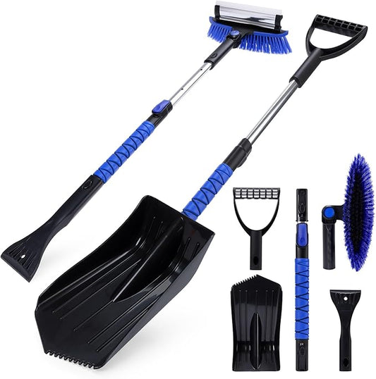 TONDA Snow Brush and Ice Scraper for Car Windshield, 180° Rotating Brush with Squeegee, Extendable Handle with Foam Grip, Snow Shovel for Cars, Trucks & SUVs, Blue