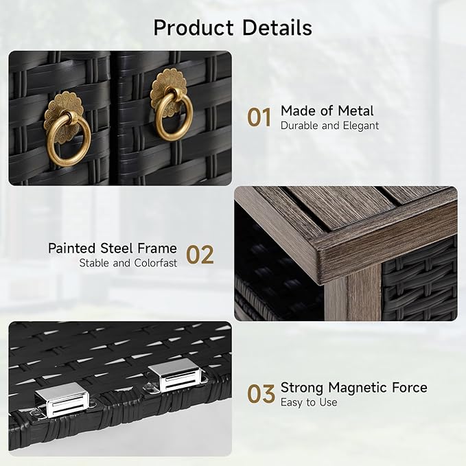 Outdoor Storage Cabinet, Woven Rattan Bar Table with 2 Doors, Slatted-Top, Wicker Console Table for Patio, Garden, Backyard, Kitchen - Black