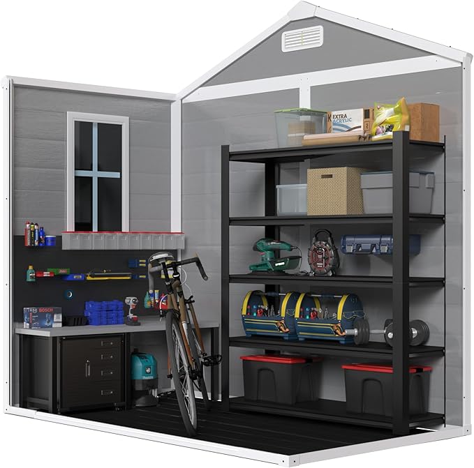 6x6 FT Storage Shed Garden House with Lockable Doors and Vents Waterproof Resin Outdoor Tool Cabinet W/Floor & Window,for Bicycles,Lawnmowers,Lawn,All Weather Use,Gray