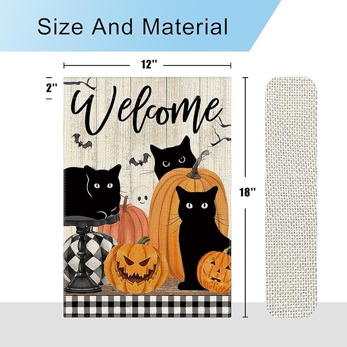 DLZDN Welcome Halloween Cat Garden Flag Black Cat Pumpkins Flag 12×18 Inch Double Side Vertical Burlap Farmhouse Yard Sign Holiday Seasonal Outdoor House Decoration