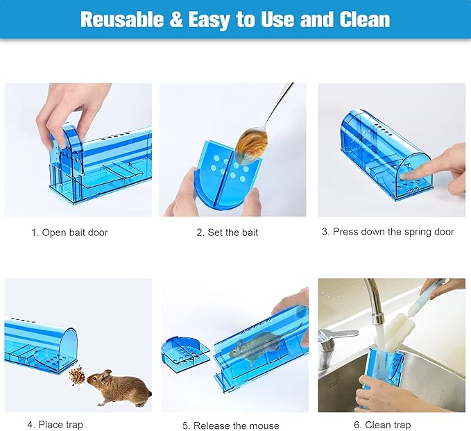 4 Pack Humane Mouse Traps No Kill, Catch and Release Live Mouse Trap Indoor for Home, Reusable Mice Trap Cage with Cleaning Brush(Blue)