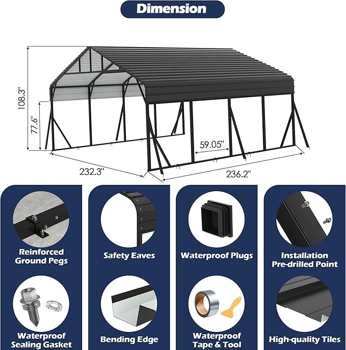 Xilingol Metal Carport, Heavy Duty Carport Canopy with Galvanized Steel Frame and Roof, Outdoor Storage Shed, Car Tent Garage Shelter for Pickup, Truck, Boat and Tractor, Grey (20x20 FT Black)