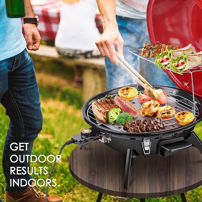 Electric BBQ Grill Techwood 15-Serving Indoor/Outdoor Electric Grill for Indoor & Outdoor Use, Double Layer Design, Portable Removable Stand Grill, 1600W (Countertop BBQ Grill)